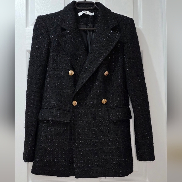 NWT Elegant Black Tweed Double-Breasted Blazer With Gold-Toned Buttons Size M - Picture 6 of 7